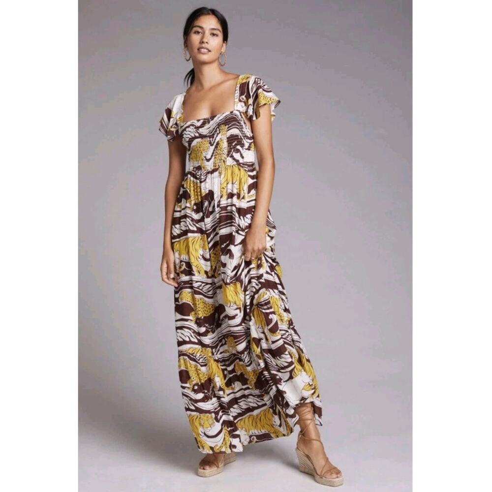 Anthropologie Leopard Tiger Ruffle Maxi Dress